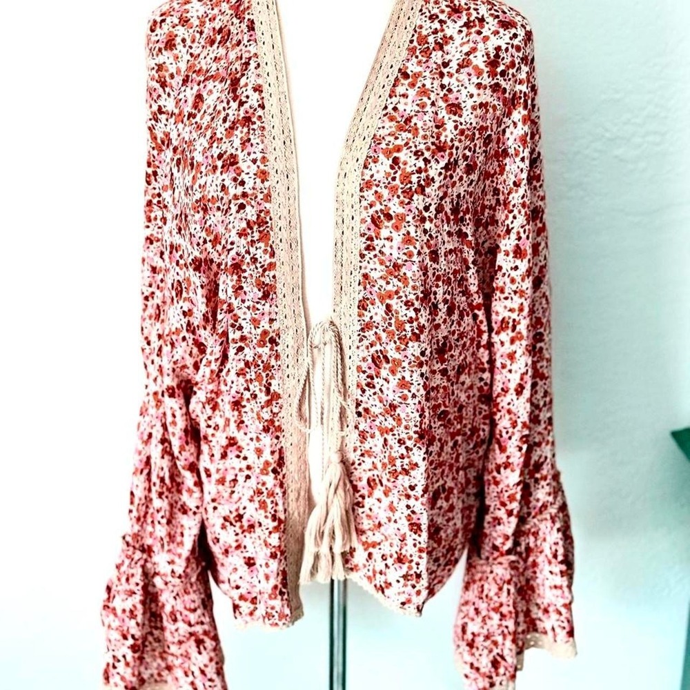 Nalini OS Earthy Floral Gold Thread Bell Sleeve Lace Trim Tassel Tie FairyCore